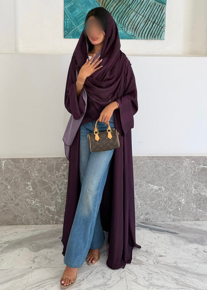 FAB329-Purple Basic Light Stripped Printed Klosh Abaya Set