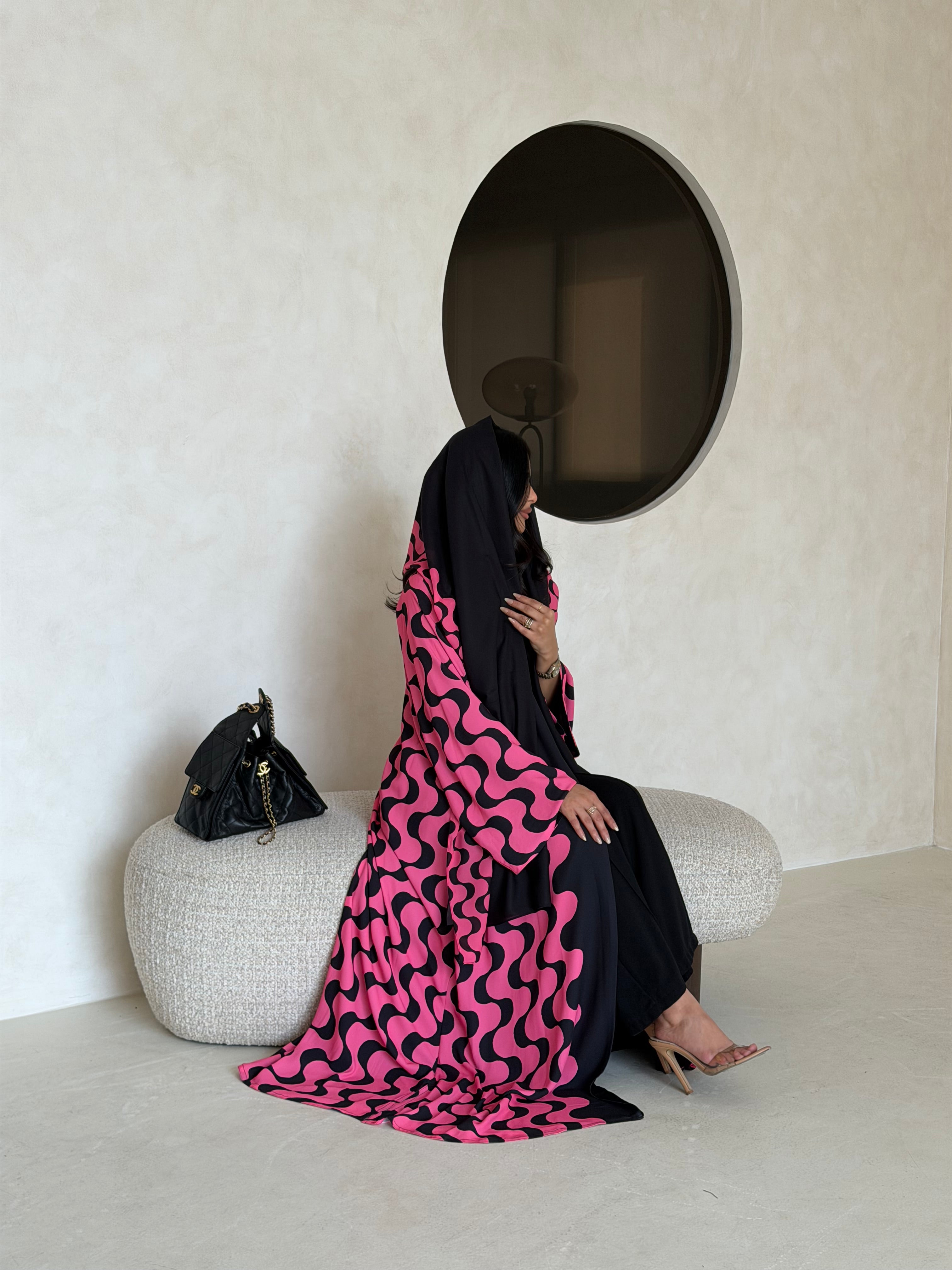 FAB342-Barbie Pink and Black Waves Printed Straight-Cut Abaya and matching headscarf