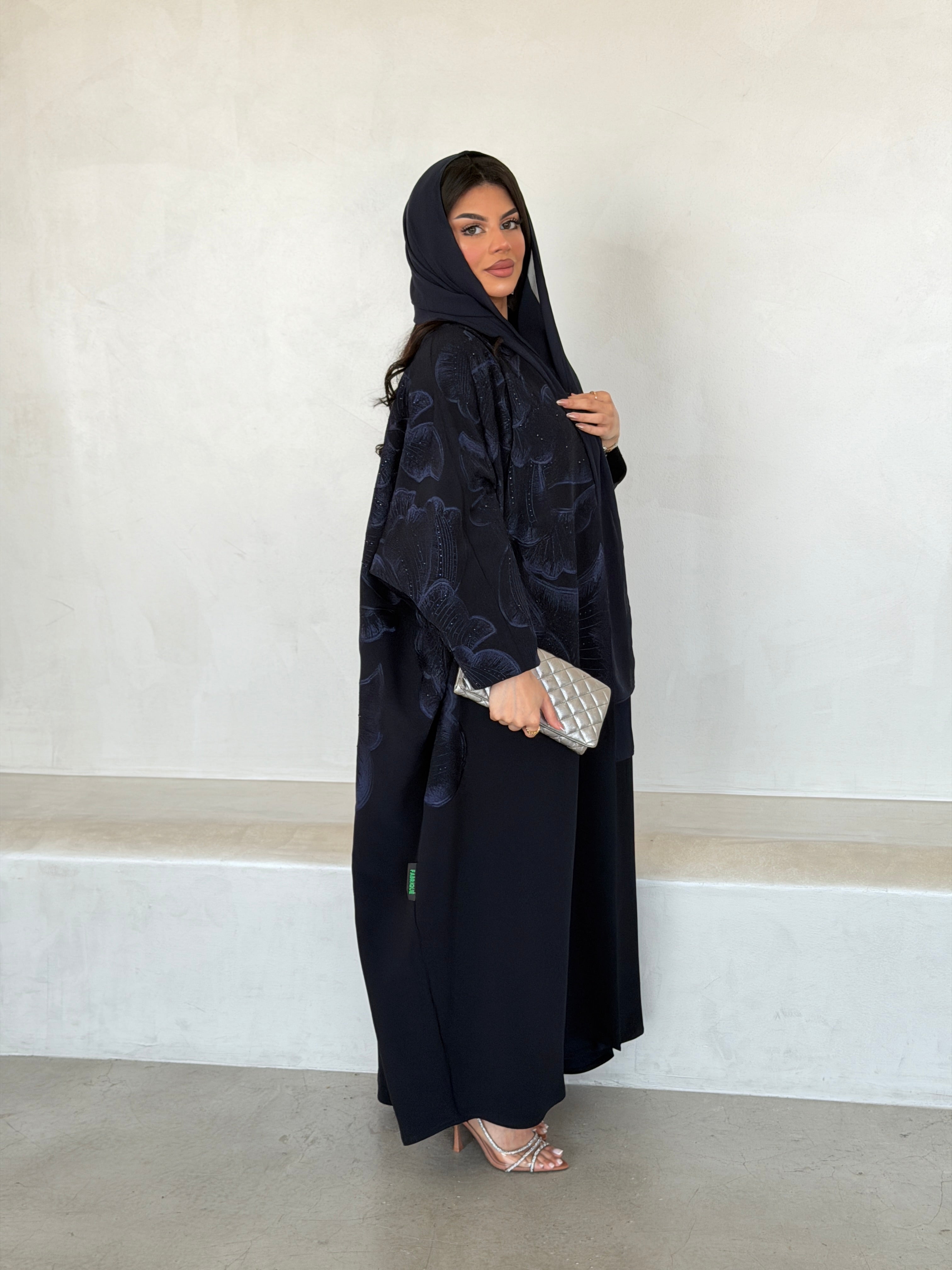 FAB298- Navy Blue Crystal Embroidered Half Bisht Cut Crepe Abaya