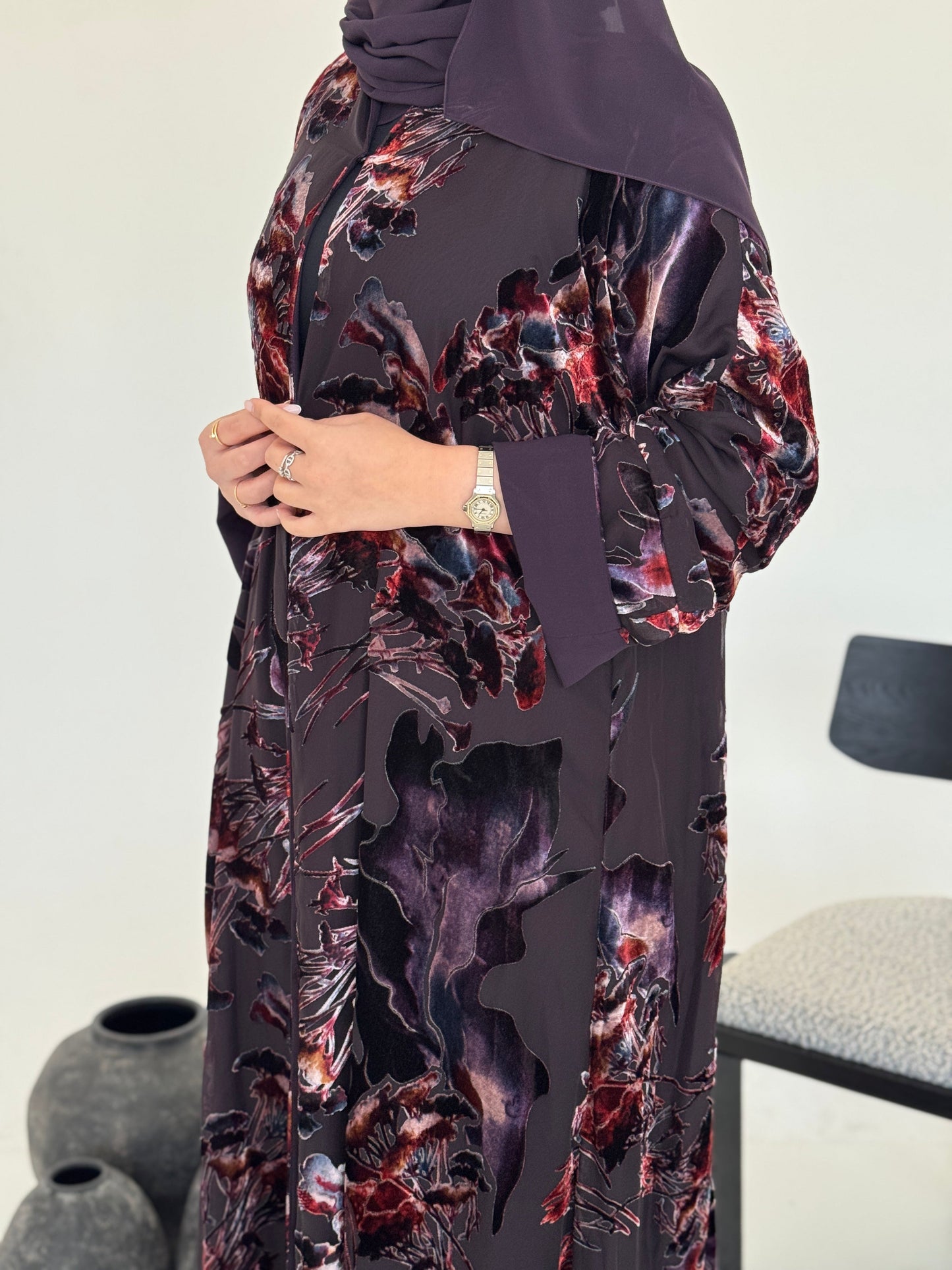 FAB231- Dark Purple Chiffon with Velvet Print Abaya with headscarf