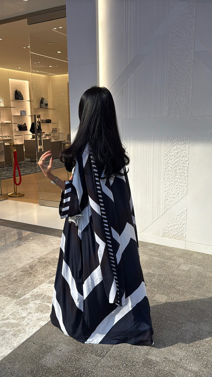 FAB303- Blue & Black Print Chiffon Silk A-Cut Abaya Set