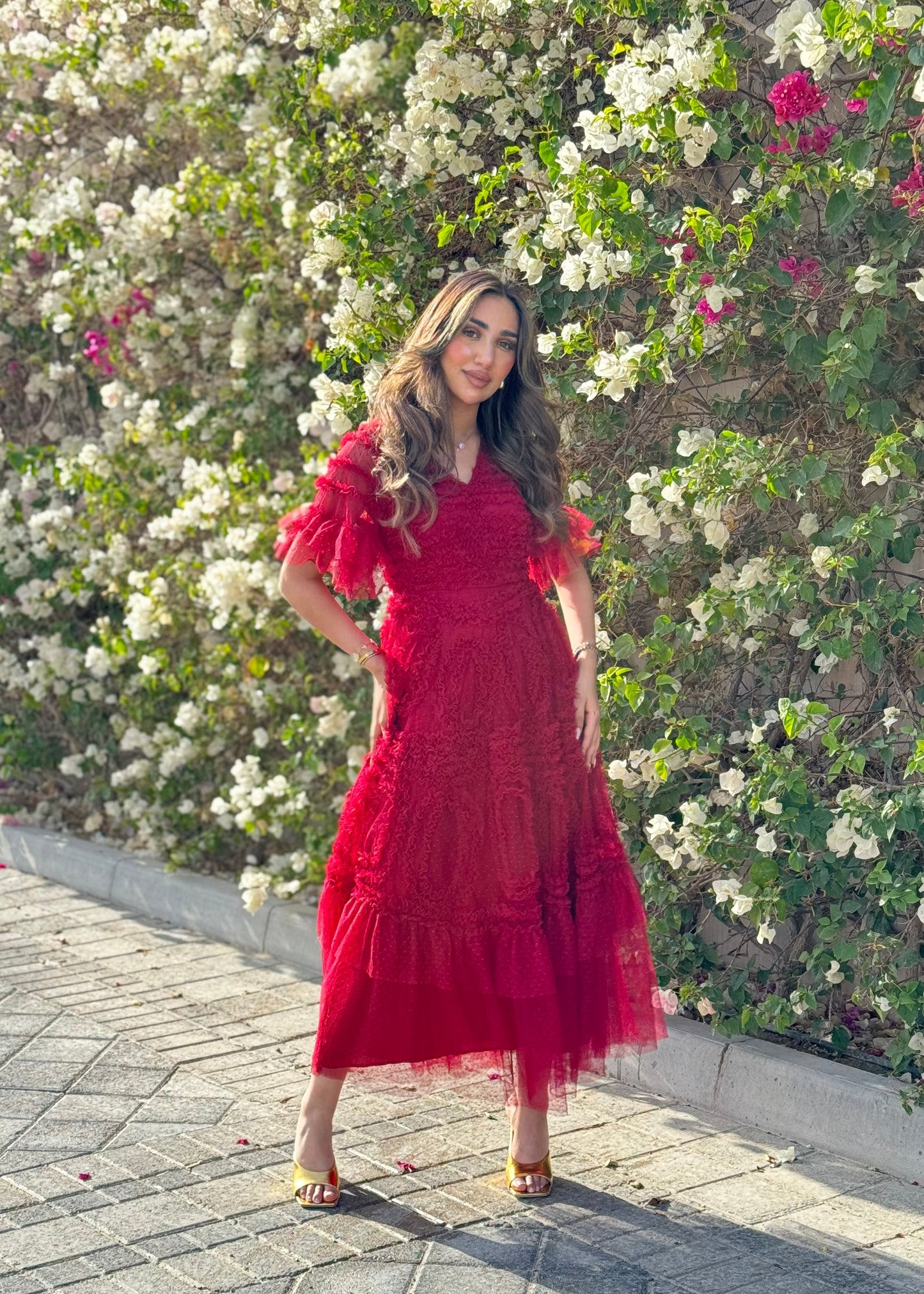 Maroon Tulle Short Sleeve Dress