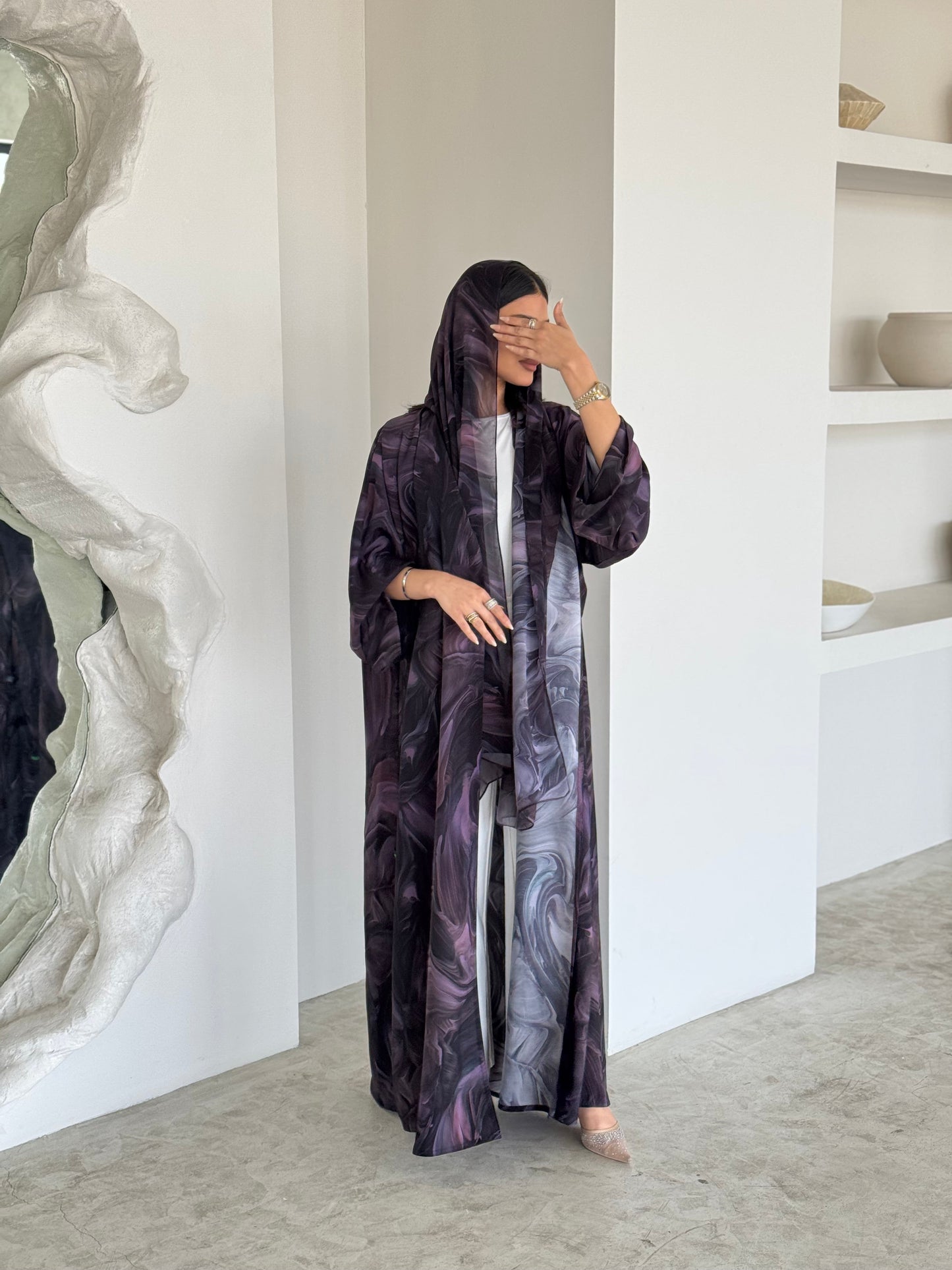 FAB171- Purple Pattern Crepe Summer Abaya with matching headscarf