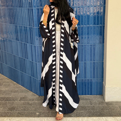 FAB303- Blue & Black Print Chiffon Silk A-Cut Abaya Set