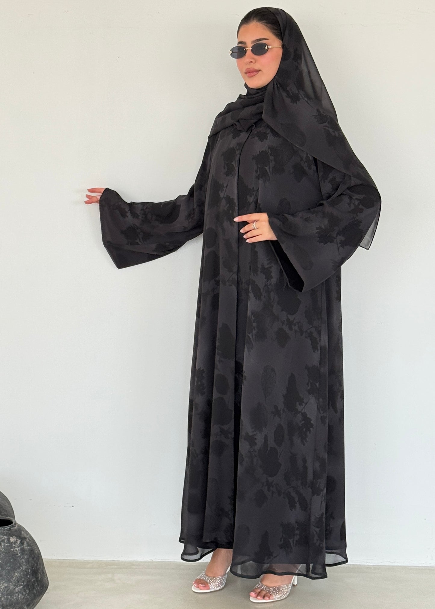 FAB214- Black Grey Printed A-Cut Shiffon Abaya Set
