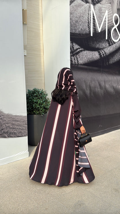 FAB304- Black/Maroon Striped Print Chiffon Silk A-Cut Abaya Set