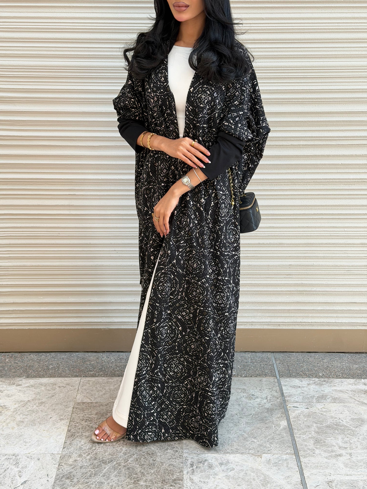 FAB340-Black White Embroidery Half-Bisht Cut Abaya with Fitted Black Stretch Sleeves and matching headscarf