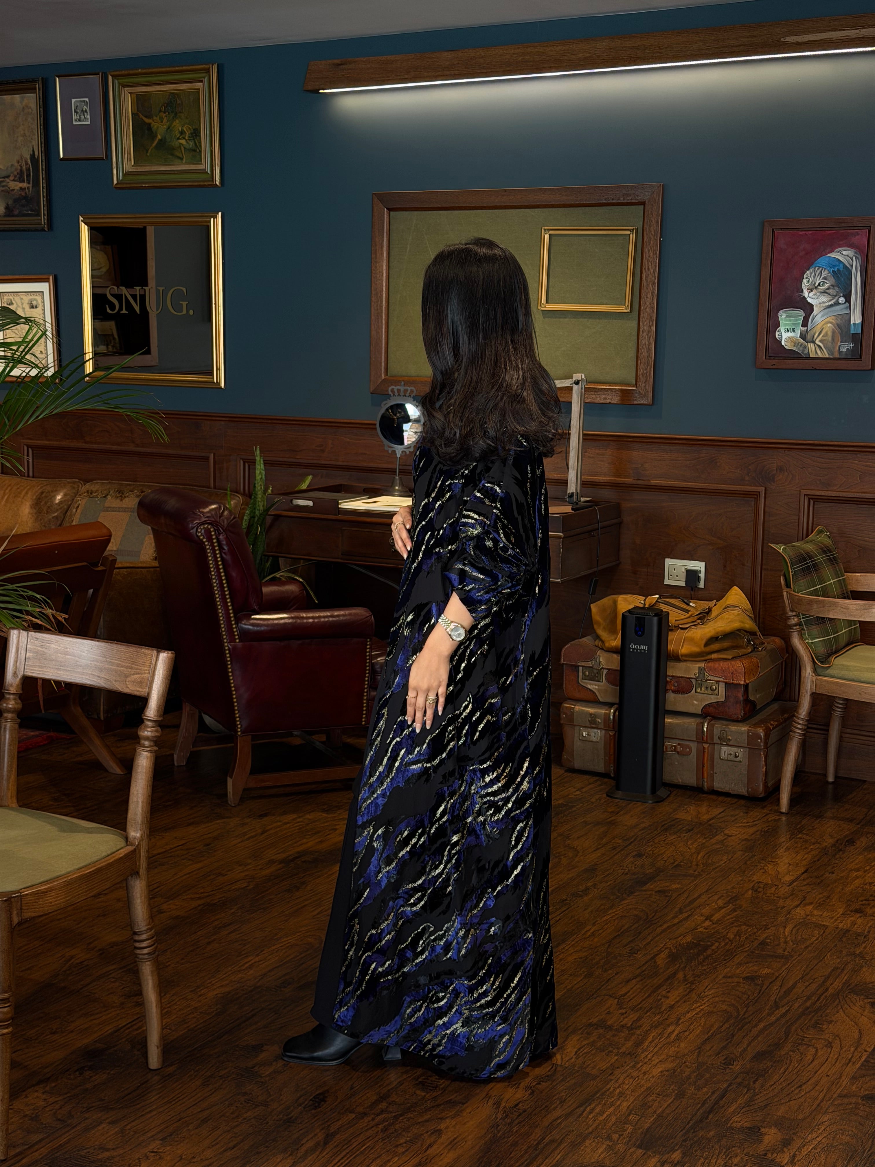 FAB352-Blue and Black Chiffon Half Bisht-Cut Abaya with Velvet Shimmer Print and Black Headscarf