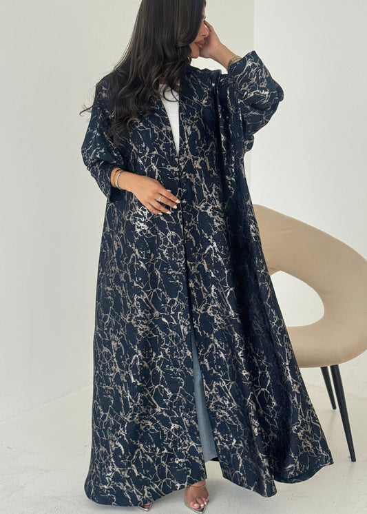 FAB207-Elegant Navy Blue Metallic Crepe Silk A-Cut Abaya with headscarf