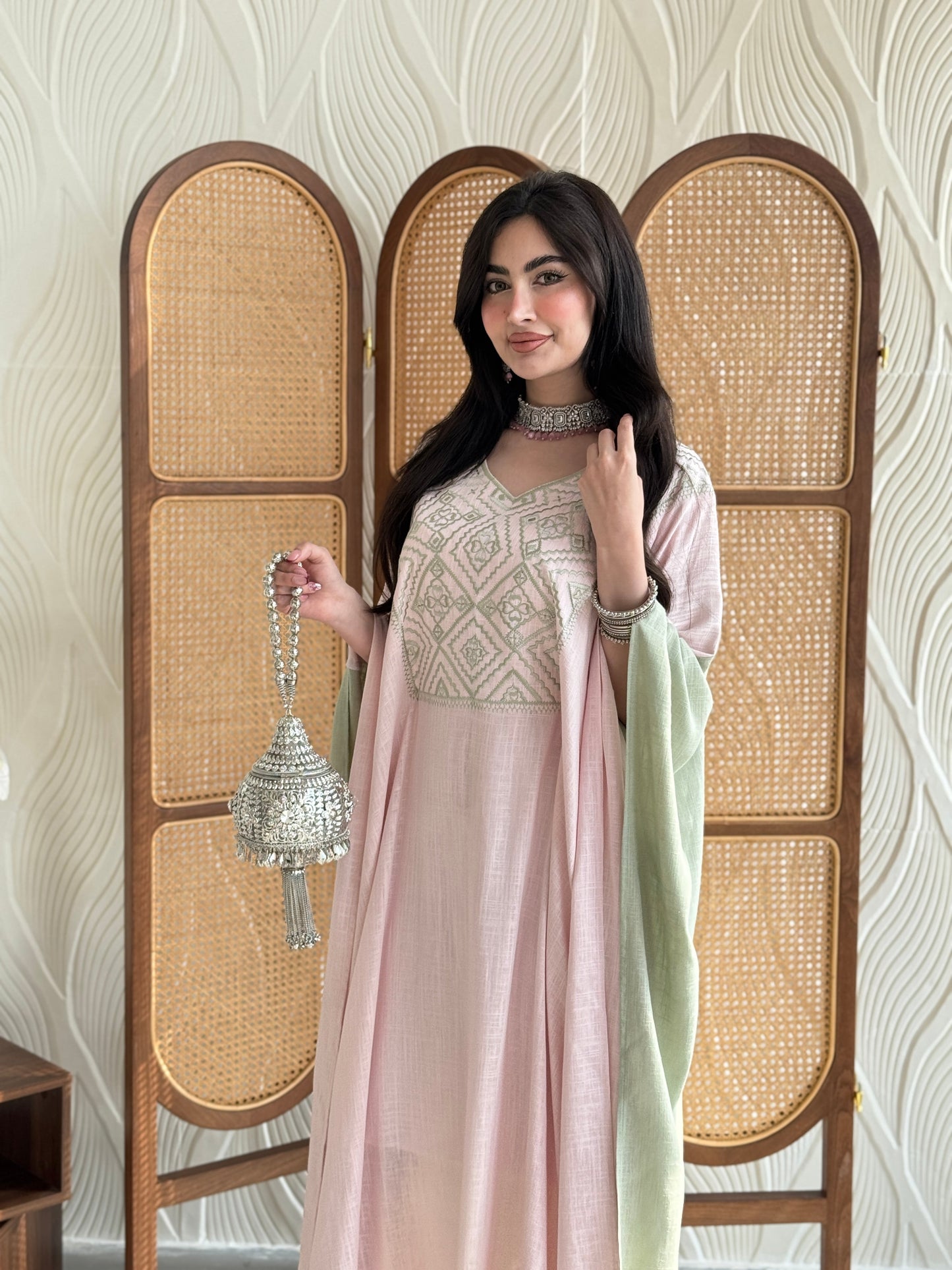 FAB256- Pink and Green Two-sided embroidered Linen butterfly cut jalabiya