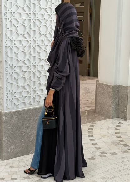 FAB332-Grey Basic Light Stripped Printed Klosh Abaya Set