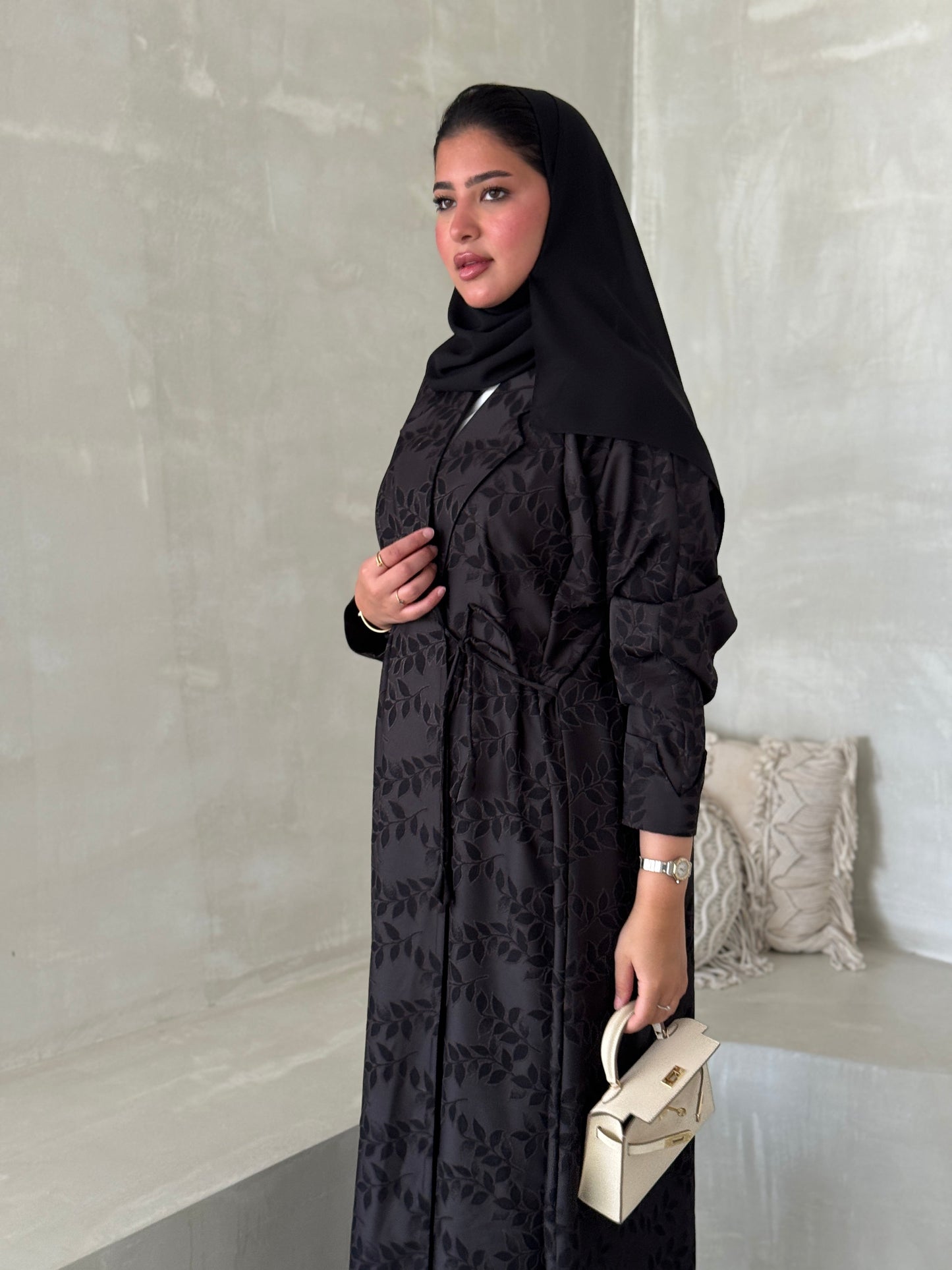 FAB198- Grey-Black Collar Blazer Cut Abaya with headscarf