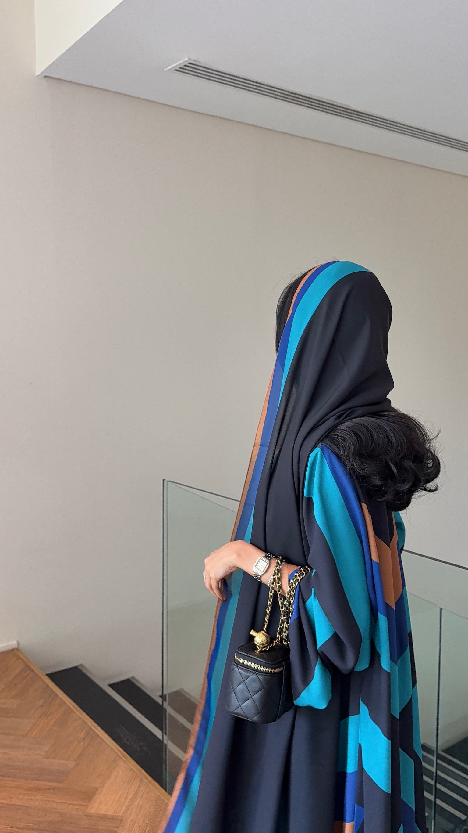 FAB328- Turqoise mustard printed Rainbow straight-cut abaya with matching headscarf
