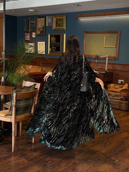 FAB351-Green and Black Chiffon Half Bisht-Cut Abaya with Velvet Shimmer Print and Black Headscarf