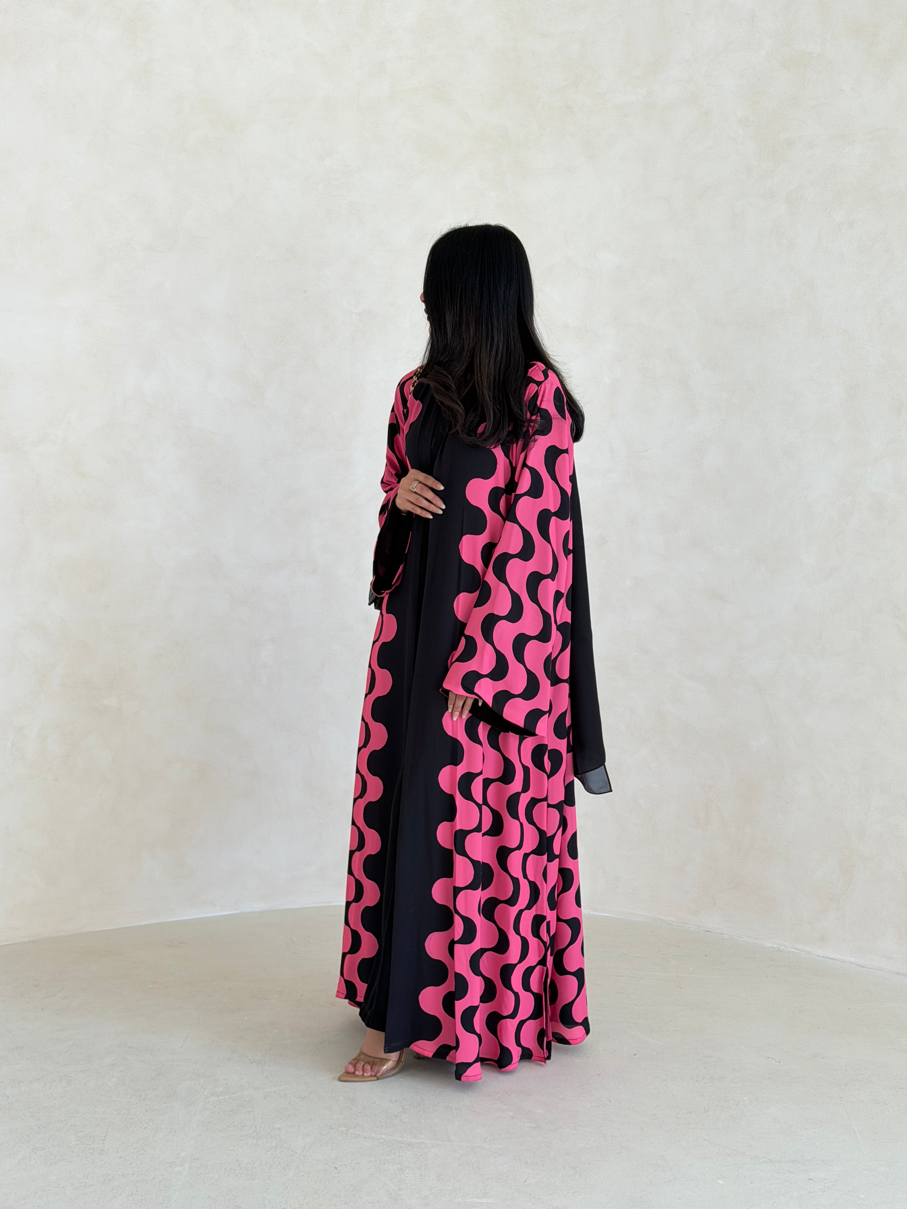 FAB342-Barbie Pink and Black Waves Printed Straight-Cut Abaya and matching headscarf