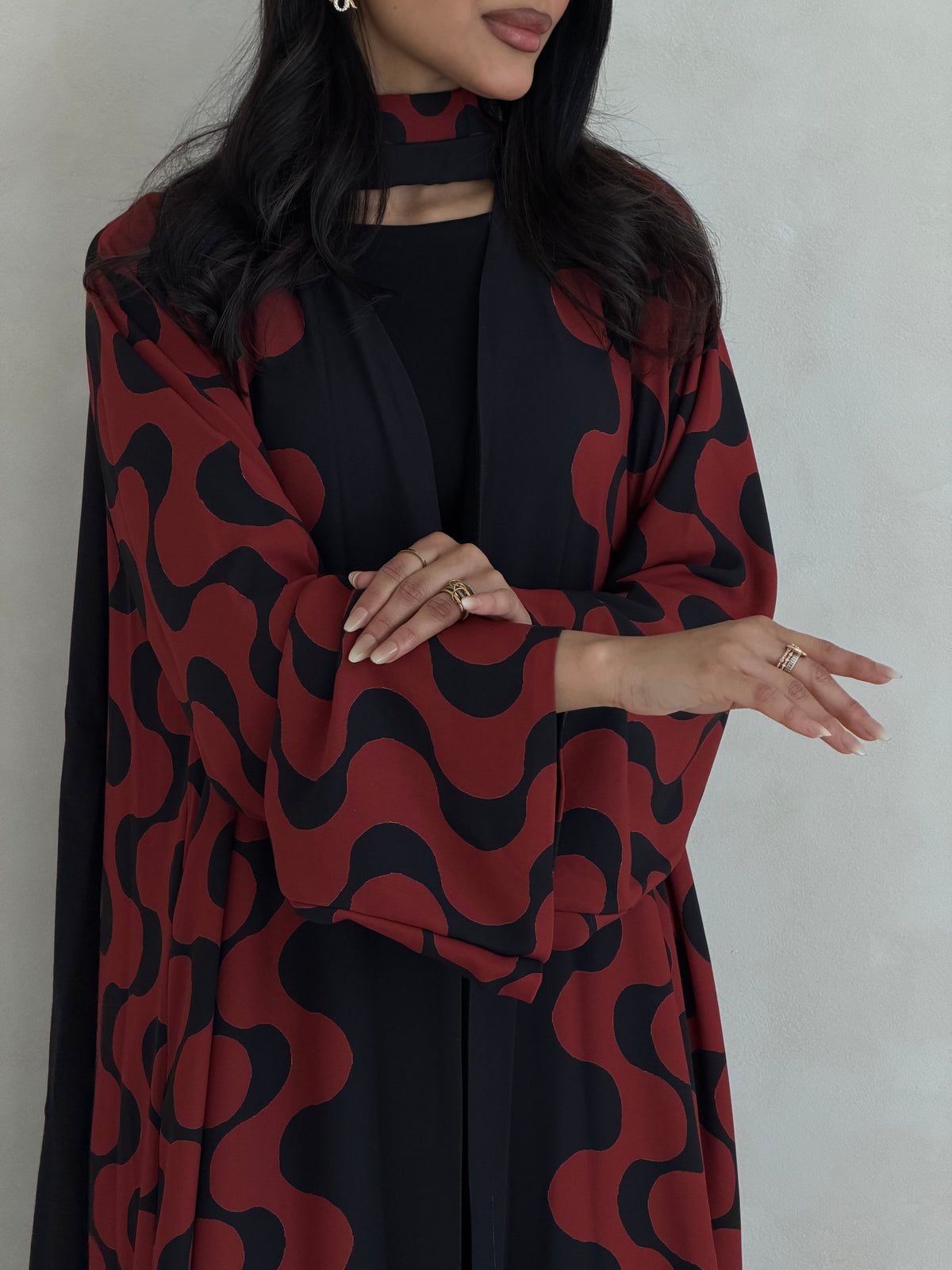 FAB345- Orange Red and Black Waves Printed Straight-Cut Abaya and matching headscarf