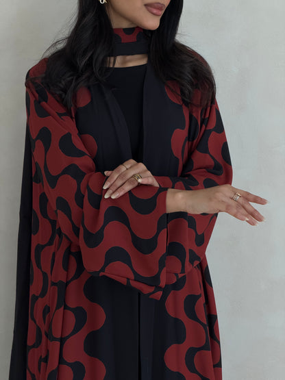 FAB345- Orange Red and Black Waves Printed Straight-Cut Abaya and matching headscarf