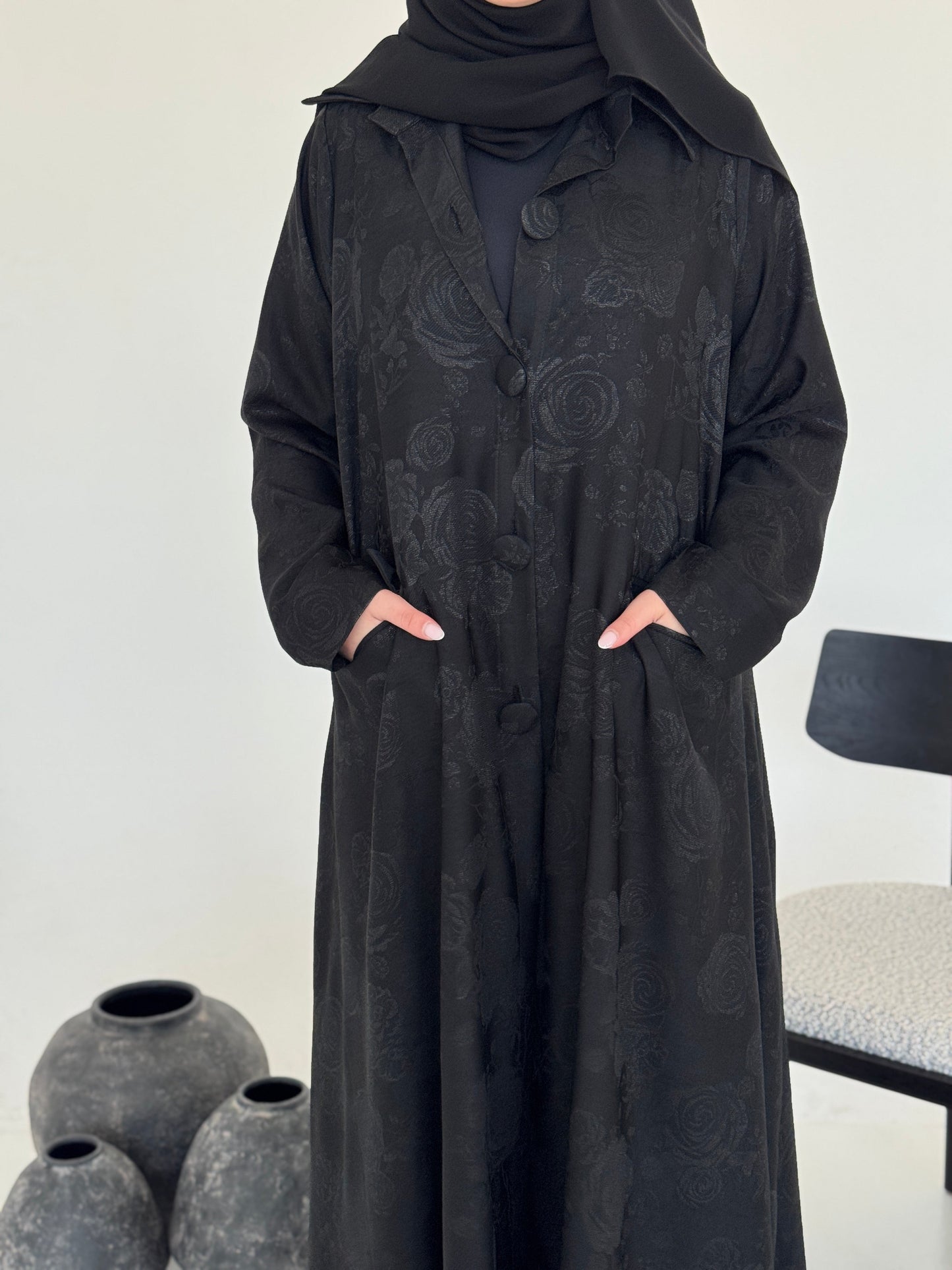 FAB238- Black Floral Silk Jacquard Blazer A-Cut Abaya