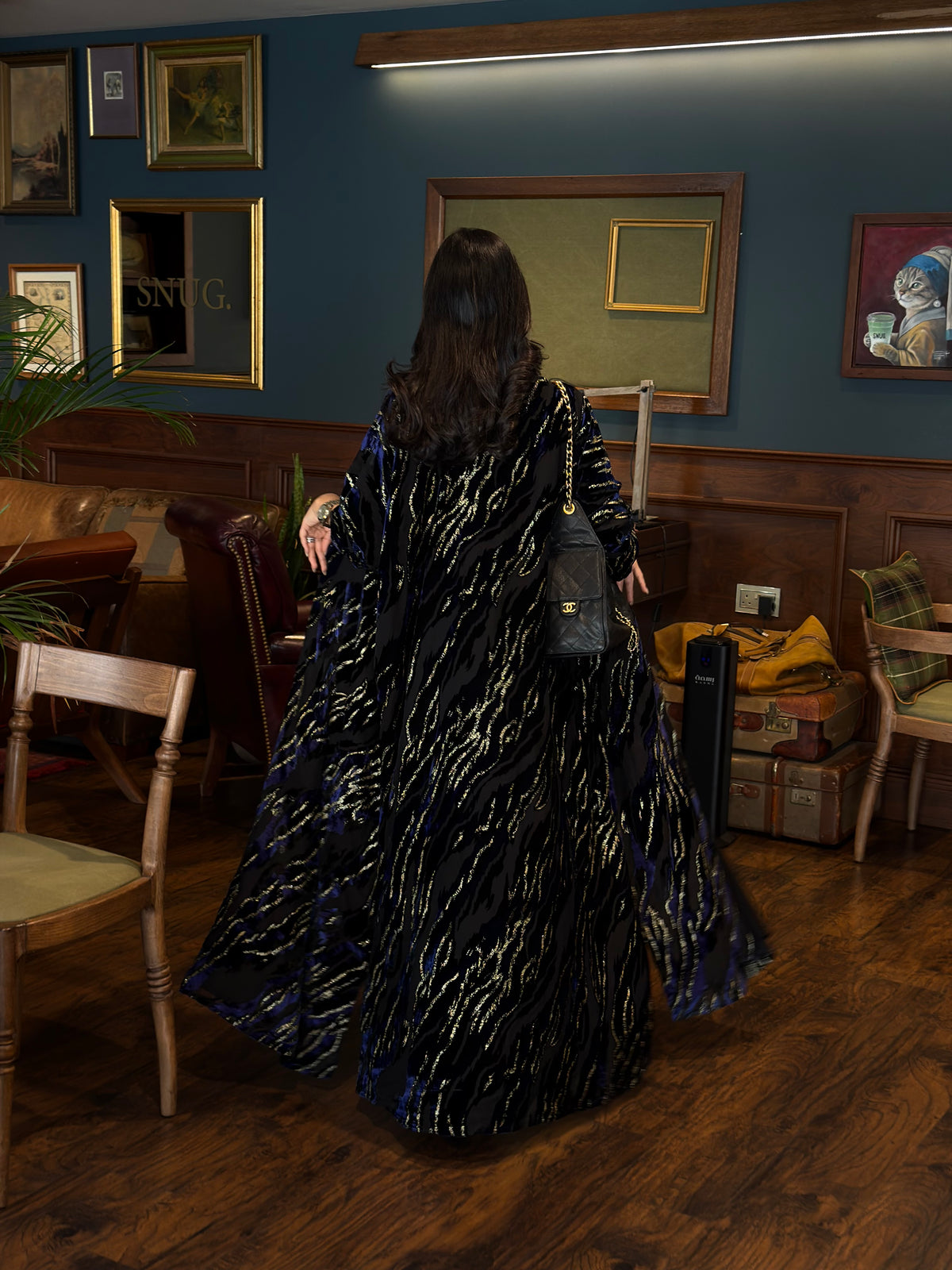 FAB352-Blue and Black Chiffon Half Bisht-Cut Abaya with Velvet Shimmer Print and Black Headscarf