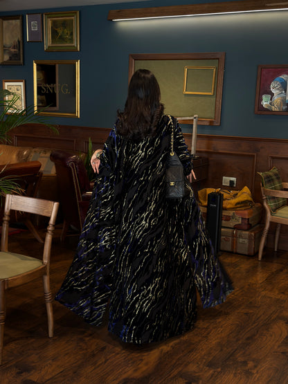 FAB352-Blue and Black Chiffon Half Bisht-Cut Abaya with Velvet Shimmer Print and Black Headscarf