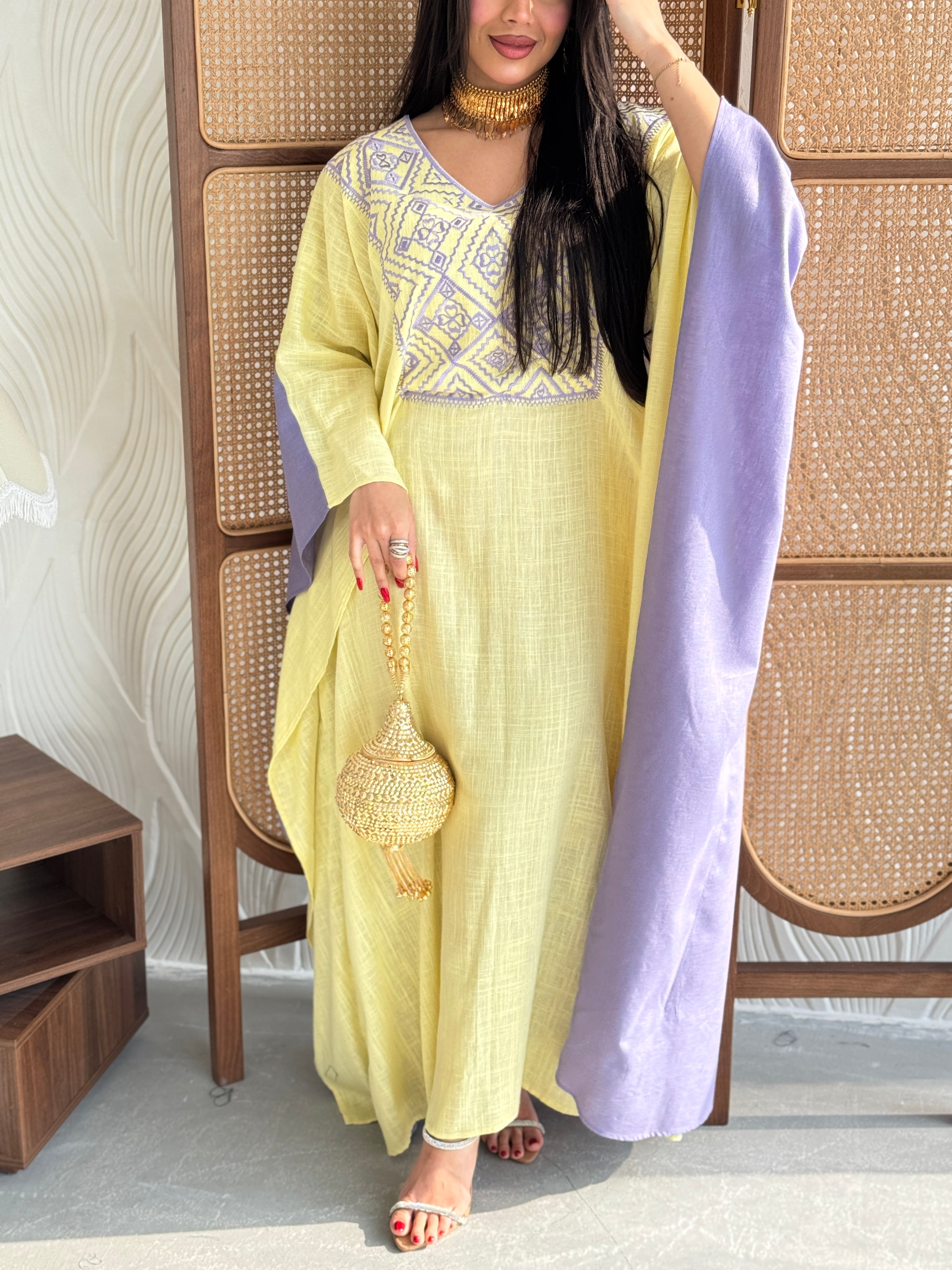 FAB255- Purple and Yellow Two-sided embroidered Linen butterfly cut jalabiya