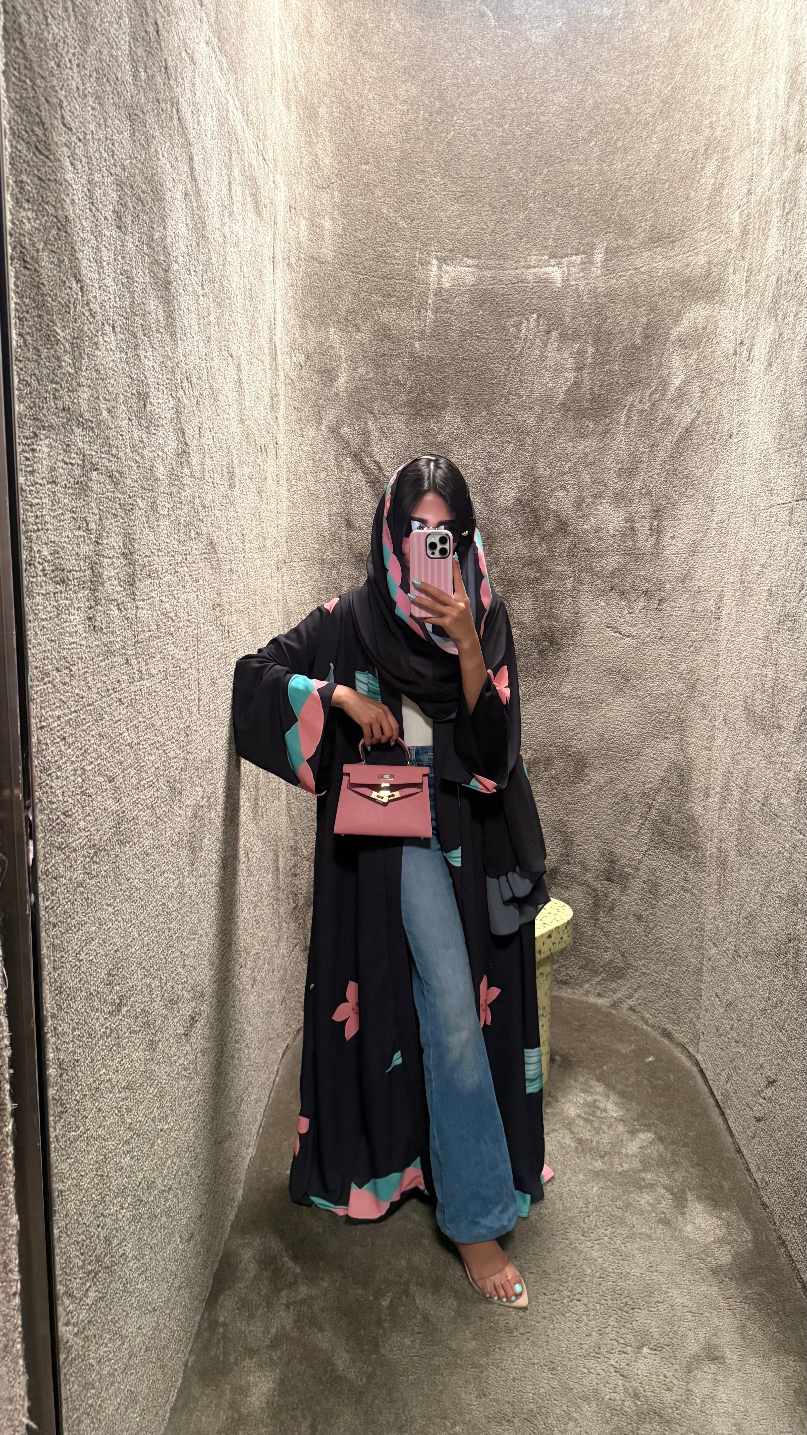 FAB324-Black Pink and Green Floral Print abaya and headscarf- Straight Cut