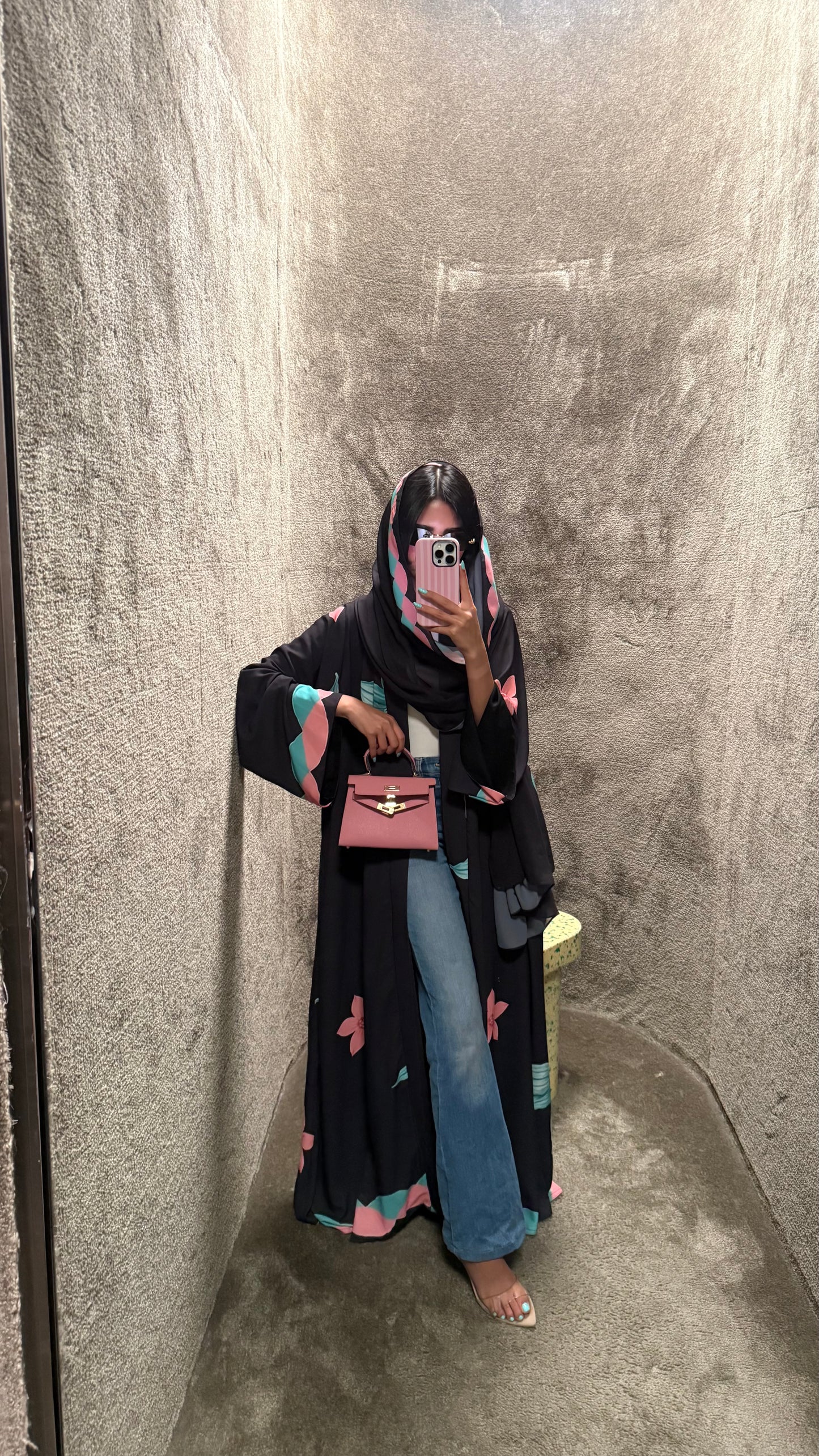 FAB324-Black Pink and Green Floral Print abaya and headscarf- Straight Cut