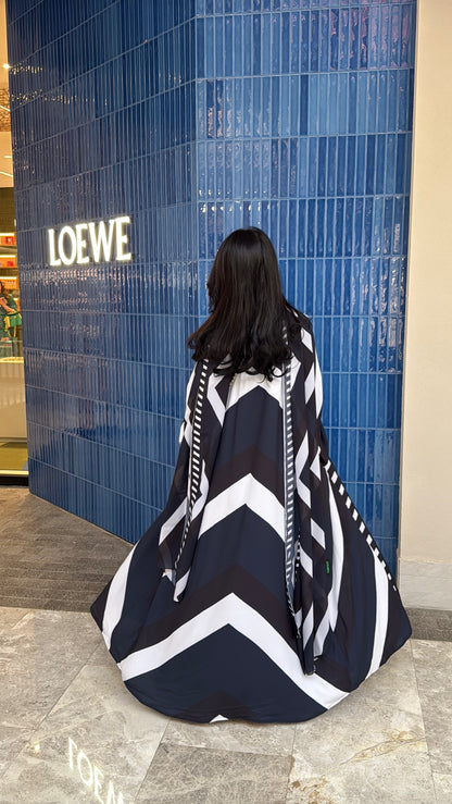 FAB303- Blue & Black Print Chiffon Silk A-Cut Abaya Set