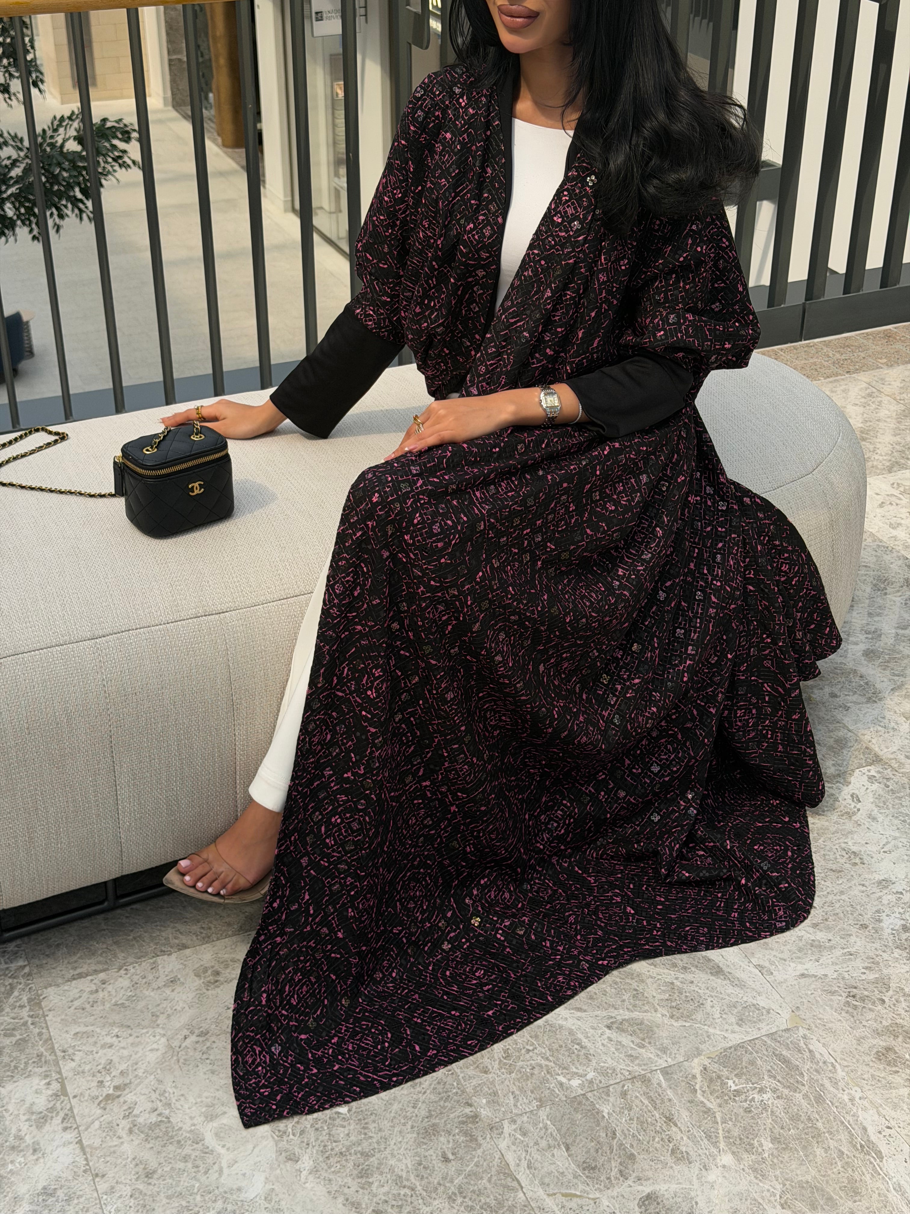 FAB339-Black Pink Embroidery Half-Bisht Cut Abaya with Fitted Black Stretch Sleeves
and matching headscarf