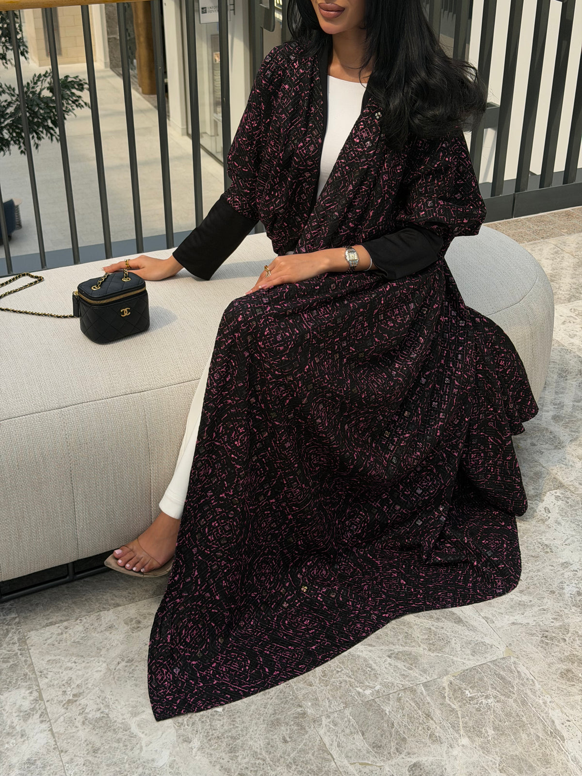 FAB339-Black Pink Embroidery Half-Bisht Cut Abaya with Fitted Black Stretch Sleeves
and matching headscarf