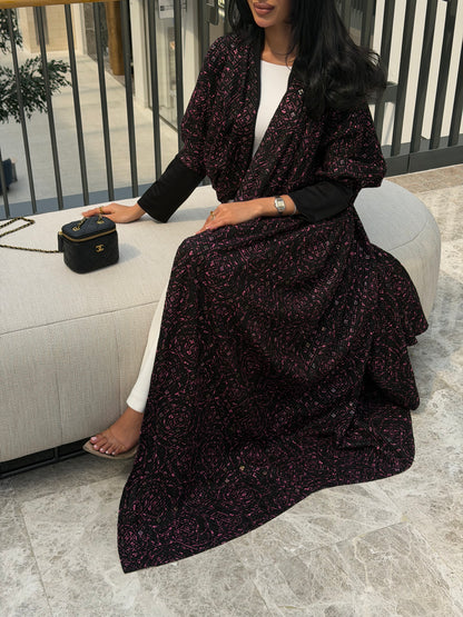 FAB339-Black Pink Embroidery Half-Bisht Cut Abaya with Fitted Black Stretch Sleeves
and matching headscarf