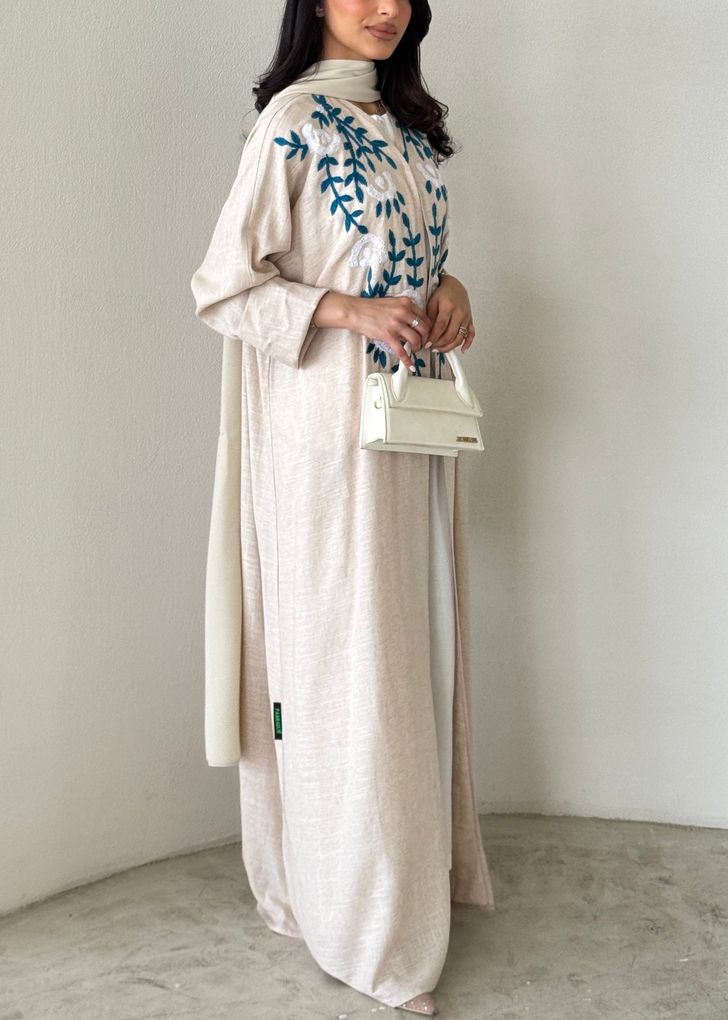 FAB190- Beige Summer Linen - Half-bisht cut Abaya