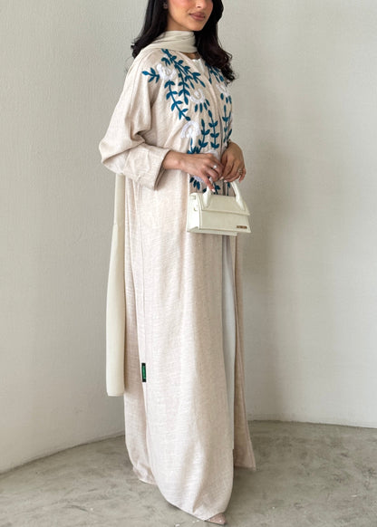 FAB190- Beige Summer Linen - Half-bisht cut Abaya