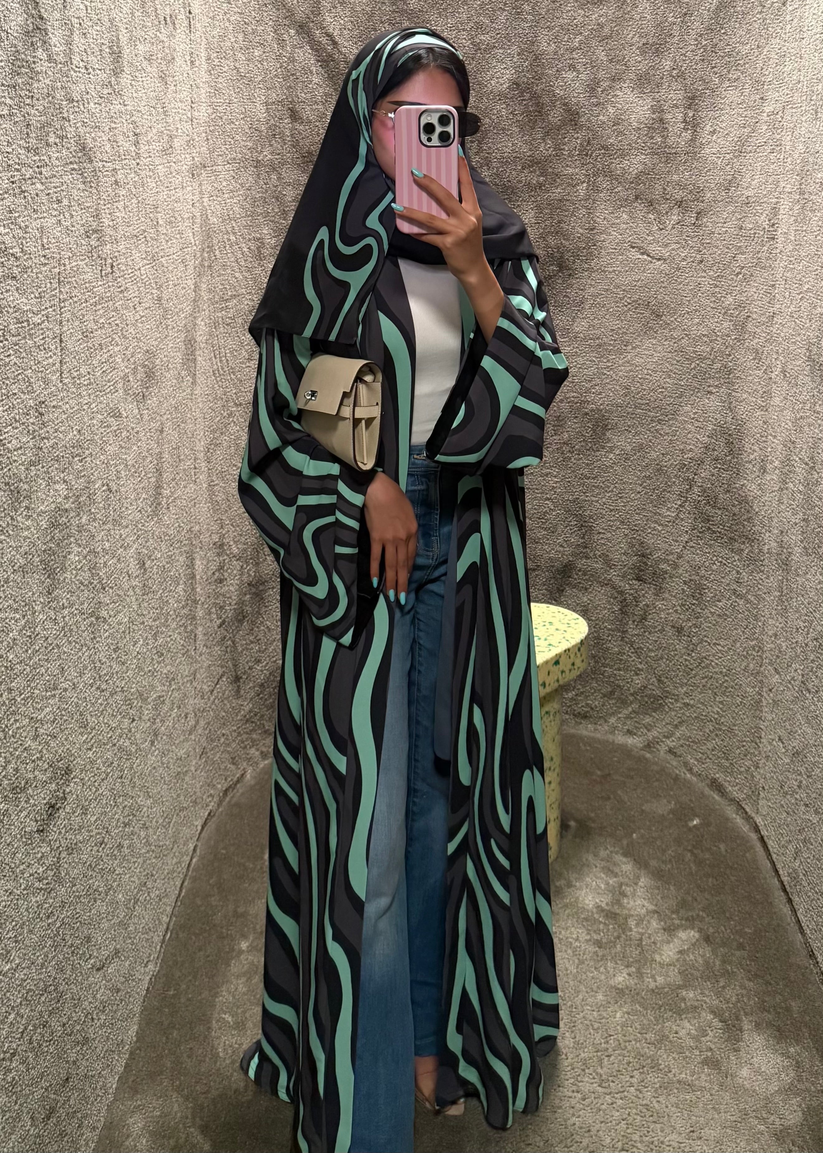 FAB323-Tiffany & Black Printed Abaya and Headscarf – Straight Cut