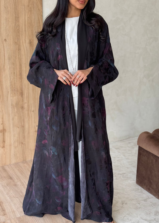 FAB158-Black Rose Jacquard A-Cut Abaya