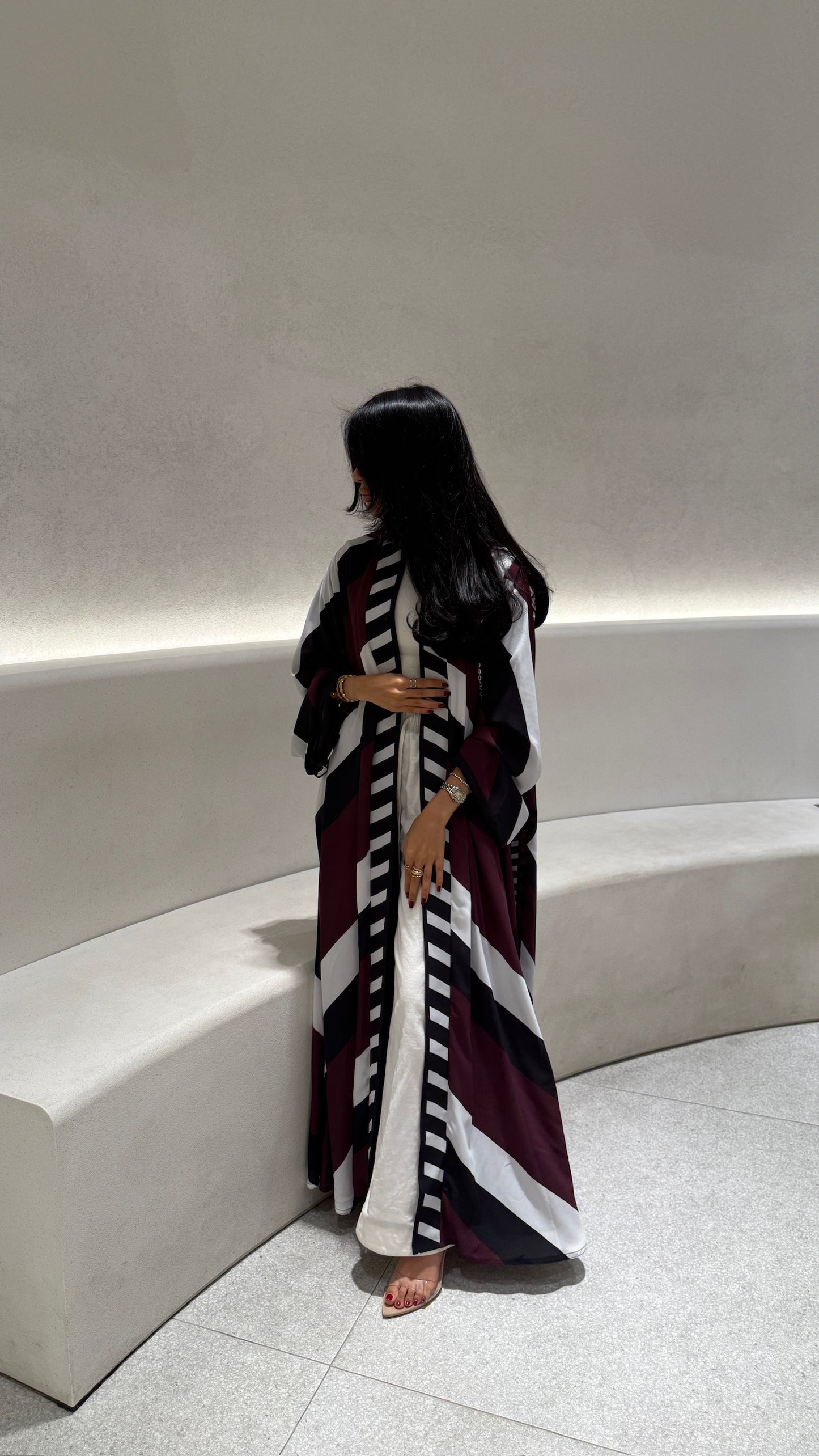 FAB302-Maroon & Black Printed Chiffon Silk A-Cut Abaya Set