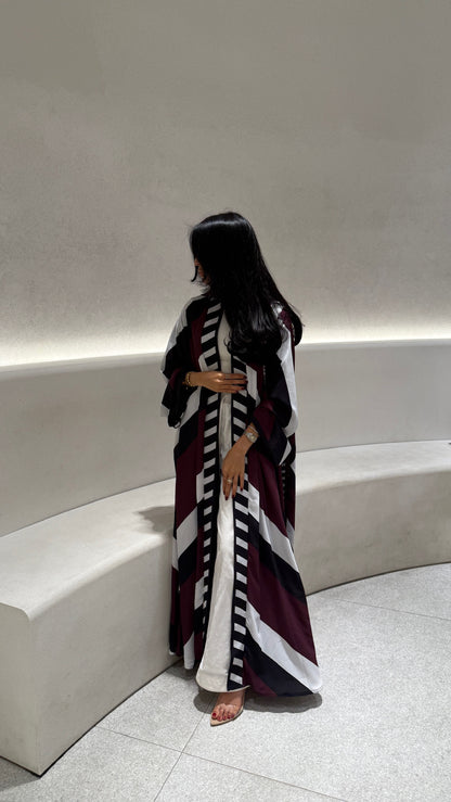 FAB302-Maroon & Black Printed Chiffon Silk A-Cut Abaya Set