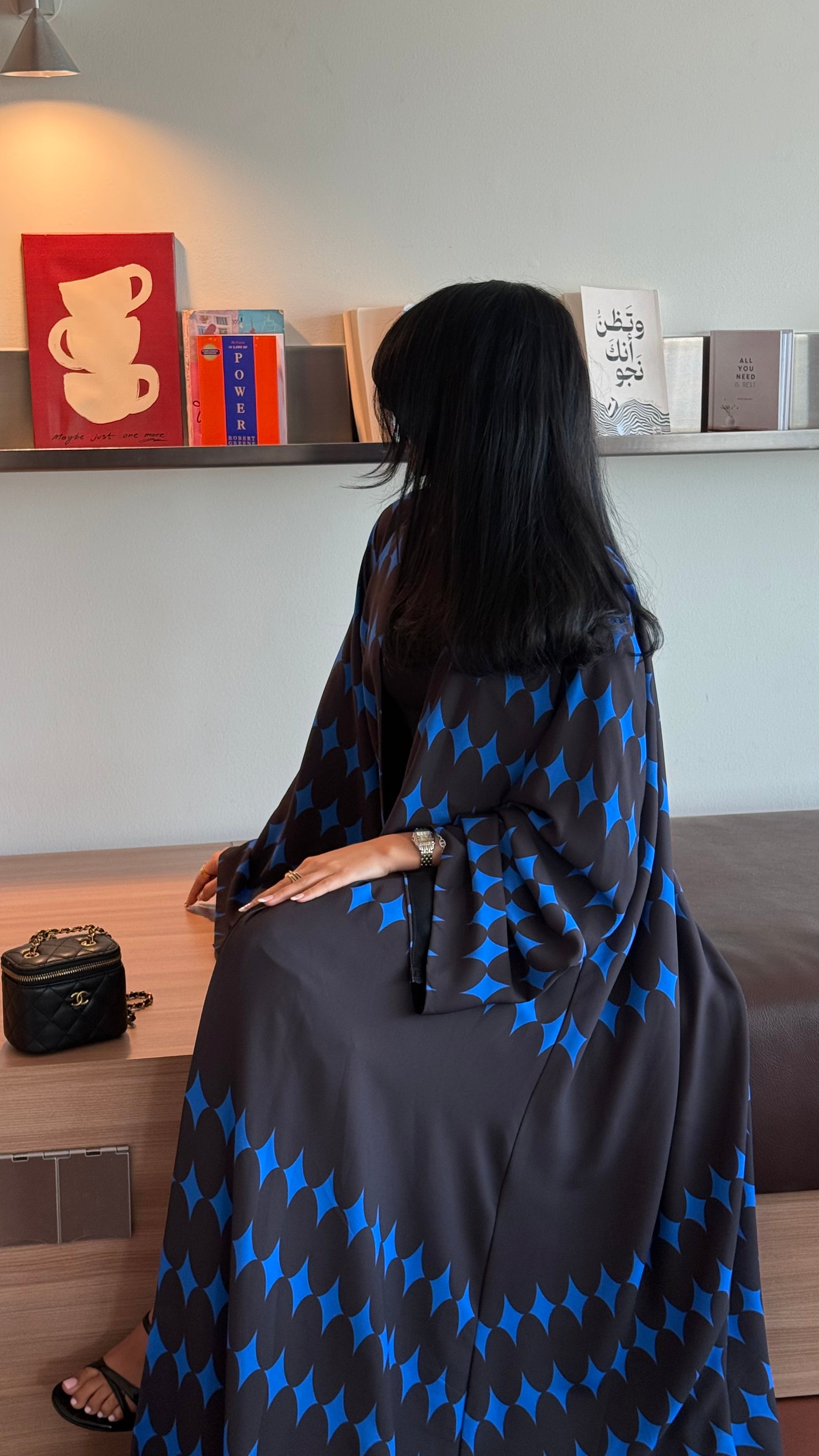 FAB336-Blue & Black Diamond Print Straight-Cut Abaya with Matching Headscarf