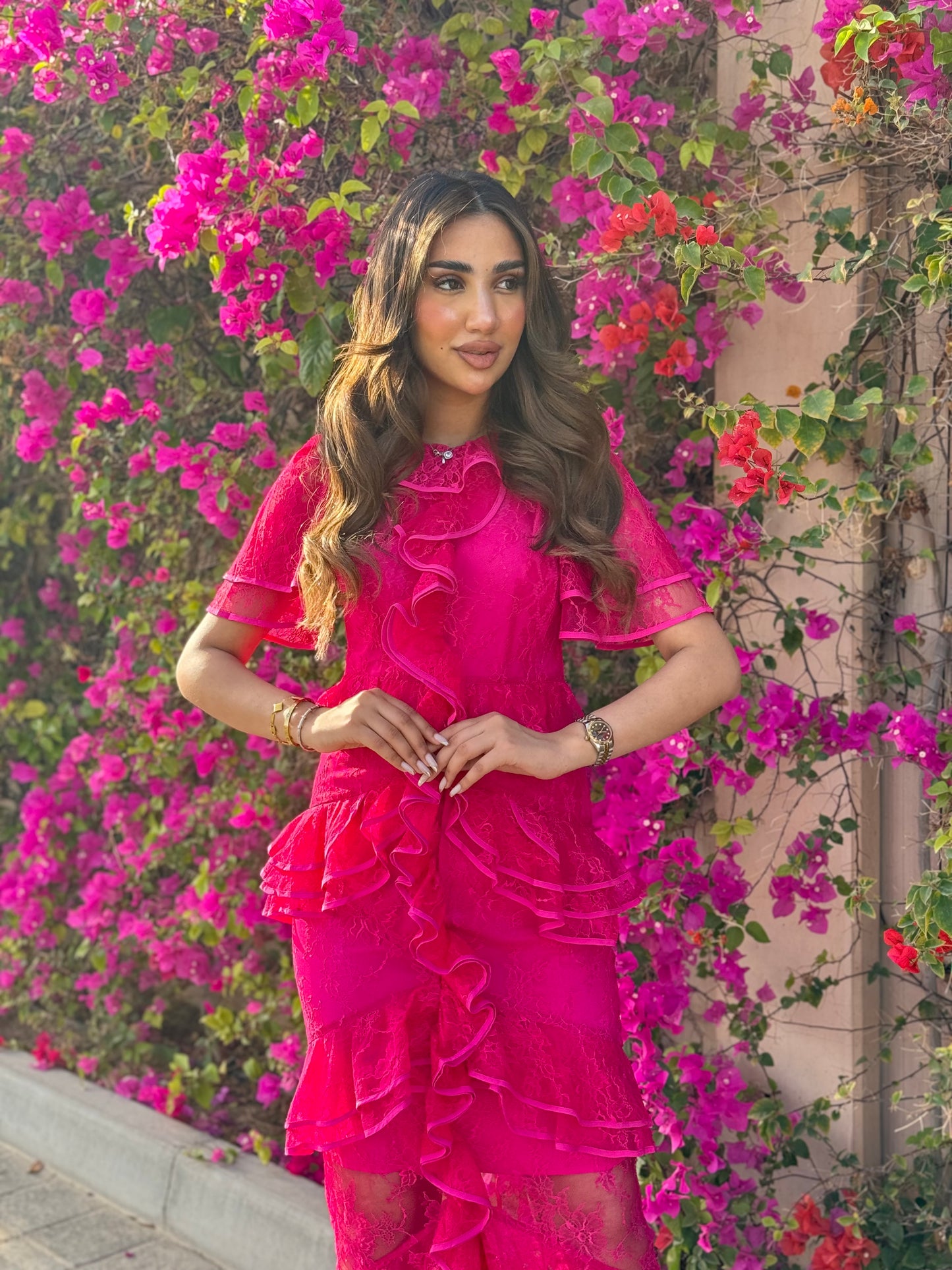 Fuchsia Ruffle Lace Dress