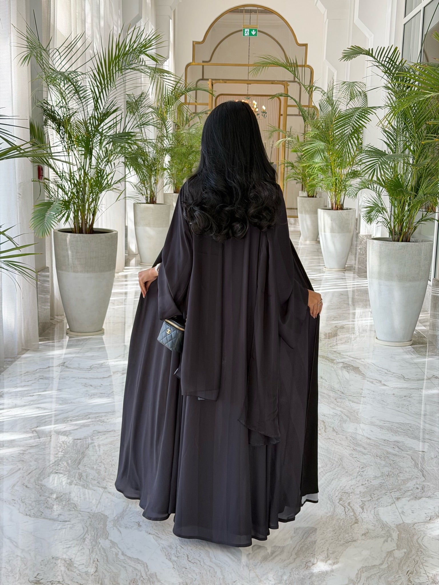 FAB332-Black Basic Light Stripped Printed Klosh Abaya Set