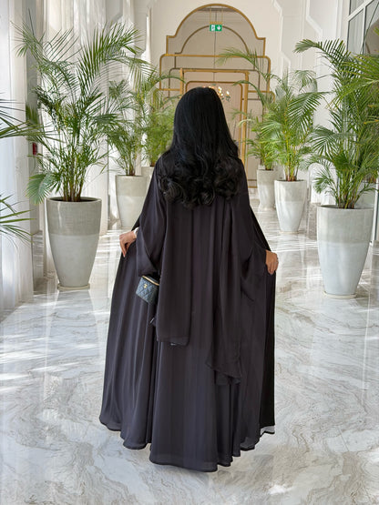 FAB332-Black Basic Light Stripped Printed Klosh Abaya Set