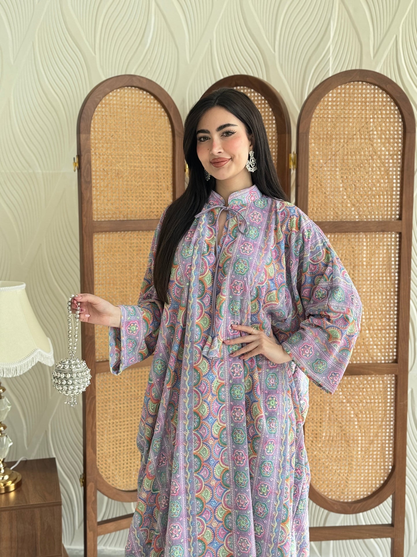 FAB278-Light Purple free size colorful crystals chiffon jalabiya and tie-neck detail