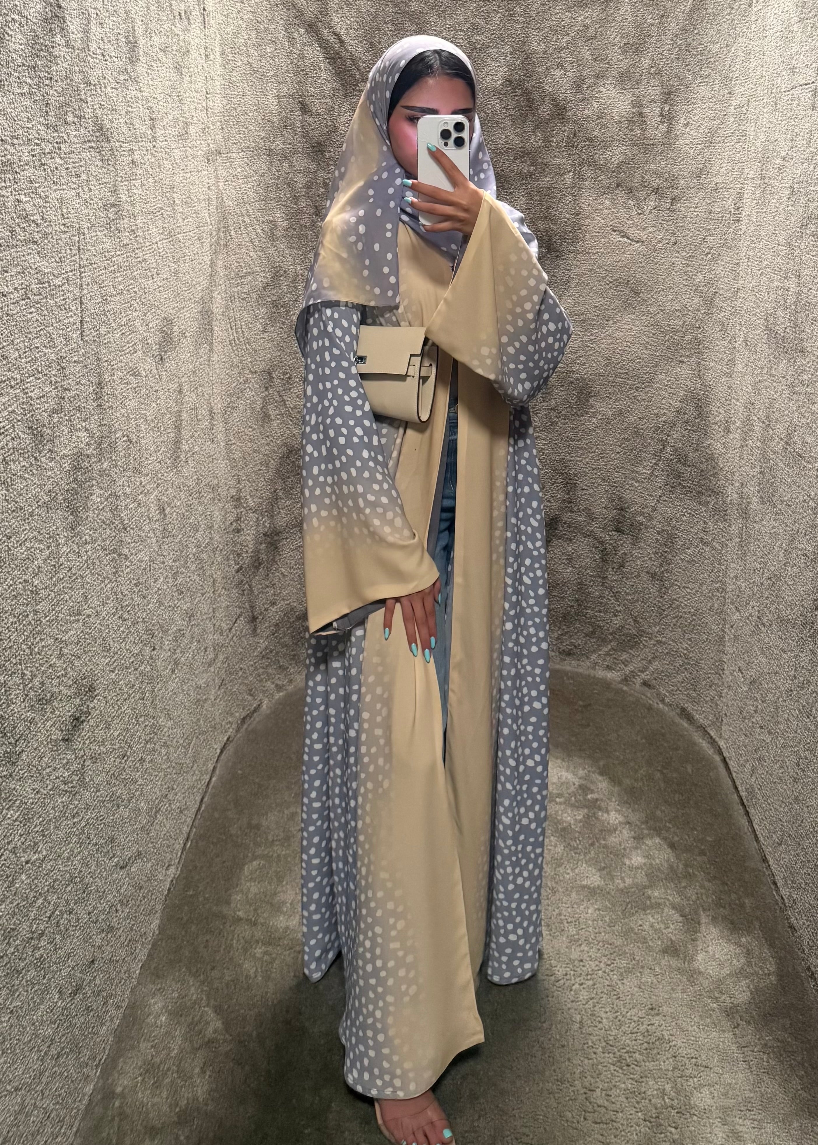 FAB322- Ghazal A-Cut Printed Abaya Set in Grey and Yellow color