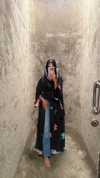 FAB324-Black Pink and Green Floral Print abaya and headscarf- Straight Cut