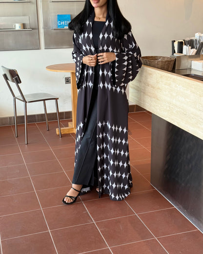 FAB334-White & Black Diamond Print Straight-Cut Abaya with Matching Headscarf
