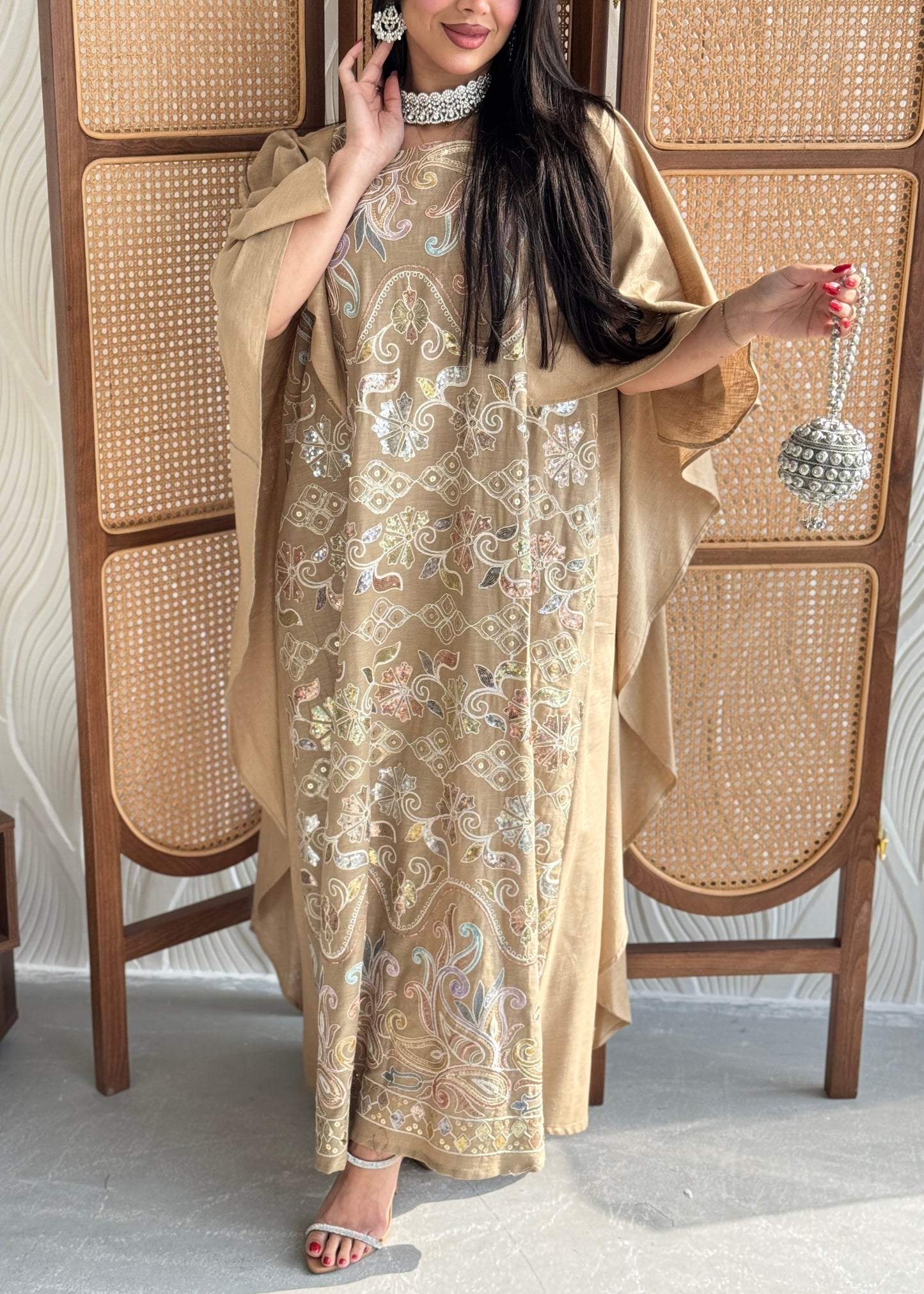 FAB269- Beige Elegant linen jalabiya with multicolor embroidery and a flowing cape cut
