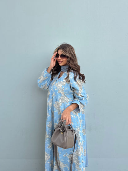 FAB300- Yellow and Blue Lace and Linen Summer A-Cut Abaya