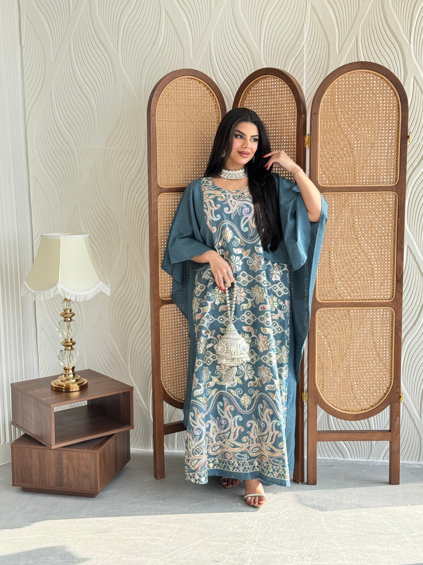 FAB267- Teal Blue Elegant linen jalabiya with multicolor embroidery and a flowing cape cut