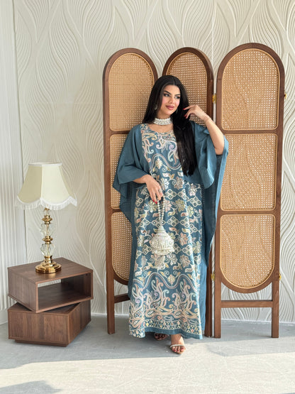 FAB267- Teal Blue Elegant linen jalabiya with multicolor embroidery and a flowing cape cut