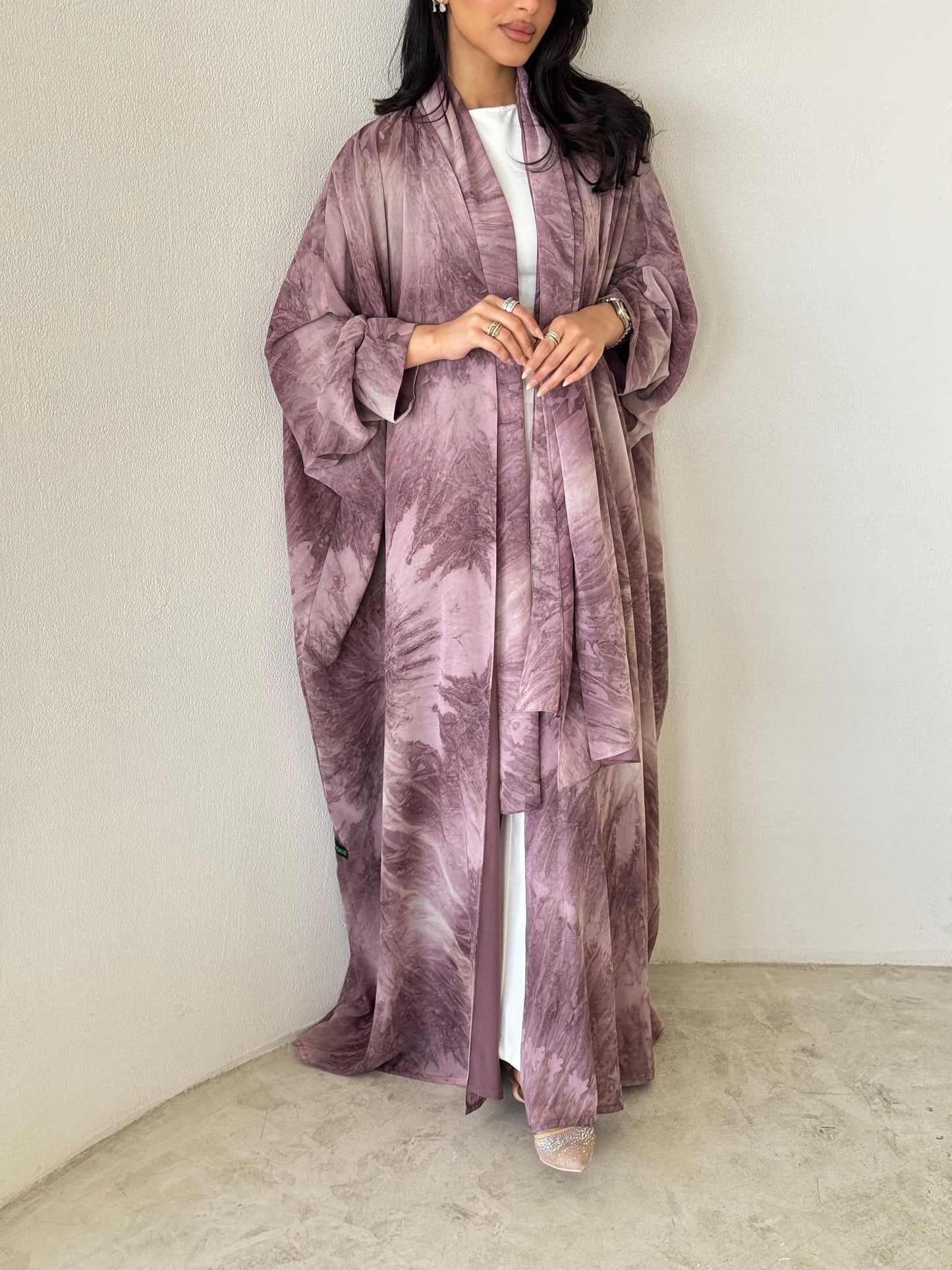FAB174- Pink Shimmer Chiffon Bisht- Cut Summer Abaya with matching headscarf